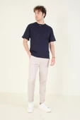 Erkek Sıfır Yaka Oversize Nakışlı T-Shirt Lacivert - 5