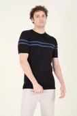 Erkek Sıfır Yaka Çizgili Merserize T-Shirt Siyah - 1