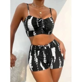 Kadın Büzgü Detay Askılı Crop Mini Tayt Ikili Takım - 1