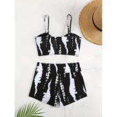 Kadın Büzgü Detay Askılı Crop Mini Tayt Ikili Takım - 8