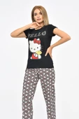 Baskılı Siyah Tişört ve Bordo Pantolonlu Kadın Pijama Takım - 3