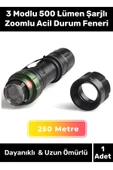 Premium Üretim Beyaz Işık 250 Metre Menzilli 3 Modlu 500 Lümen Şarjlı Zoomlu Acil Durum Feneri - 1