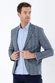 Koyu Lacivert Ekoseli Örme Kırlangıç Yaka Çift Yırtmaç 6 Drop Slim Fit Klasik Ceket 1002235110 - 3