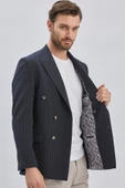Koyu Lacivert Çizgili Desen Gofreli Kruvaze 6 Drop Slim Fit Classic Esnek Ceket 1002240159 thumbnail 8