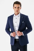Lacivert Desenli Mono Yaka Astarlı Çift Yırtmaç 6 Drop Slim Fit Dar Kesim Klasik Ceket 1002240150 - 2
