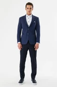 Lacivert Desenli Mono Yaka Astarlı Çift Yırtmaç 6 Drop Slim Fit Dar Kesim Klasik Ceket 1002240150 - 4