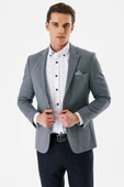 Lacivert Desenli Mono Yaka Çift Yırtmaç Likralı 6 Drop Slim Fit Dar Kesim Klasik Ceket 1002240151 - 2
