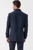 Koyu Lacivert Kaşe Hakim Yaka Desenli Yırtmaçlı Astarlı Slim Fit Dar Kesim Klasik Kaban 1008235153 - 7