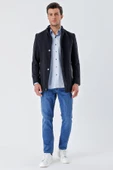 Koyu Lacivert Kaşe Hakim Yaka Desenli Yırtmaçlı Astarlı Slim Fit Dar Kesim Klasik Kaban 1008235151 - 4