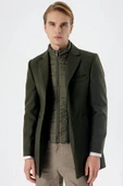 Koyu Haki Kaşe Mono Yaka Kapitoneli Astar Slim Fit Dar Kesim Klasik Kaban 1008235167 - 6
