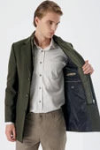 Koyu Haki Kaşe Mono Yaka Kapitoneli Astar Slim Fit Dar Kesim Klasik Kaban 1008235167 - 5