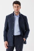 Koyu Lacivert Kaşe Hakim Yaka Desenli Yırtmaçlı Astarlı Slim Fit Dar Kesim Klasik Kaban 1008235153 - 2