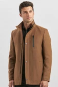 Taba Kaşe Dik Yaka Kapitoneli Astar Slim Fit Dar Kesim Klasik Kaban 1008245150 - 2