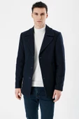 Lacivert Kaşe Kırlangıç Yaka Desenli Yünlü Astarlı Slim Fit Dar Kesim Casual Mont 1007235173 - 2