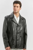 Siyah Hakiki Deri Kırlangıç Yaka Astarlı Slim Fit Dar Kesim Casual Deri Mont 1038235152 - 3