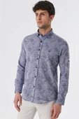 Koyu Lacivert Kısalabilir Kollu Desenli JakarlıCepsiz %100 Pamuk Casual Slim Fit Gömlek 1004230182 thumbnail 3
