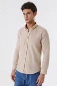 Bej Kısalabilir Kollu Desenli JakarlıCepsiz %100 Pamuk Casual Slim Fit Gömlek 1004230181 thumbnail 3