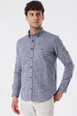 Koyu Lacivert Kısalabilir Kollu Desenli JakarlıCepsiz %100 Pamuk Casual Slim Fit Gömlek 1004230181 thumbnail 3