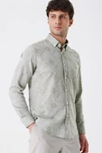 Koyu Haki Kısalabilir Kollu Desenli JakarlıCepsiz %100 Pamuk Casual Slim Fit Gömlek 1004230182 thumbnail 2