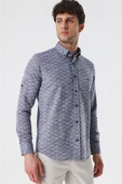 Koyu Lacivert Kısalabilir Kollu Desenli JakarlıCepsiz %100 Pamuk Casual Slim Fit Gömlek 1004230181 thumbnail 2