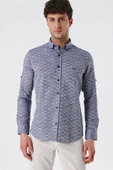 Koyu Lacivert Kısalabilir Kollu Desenli JakarlıCepsiz %100 Pamuk Casual Slim Fit Gömlek 1004230181 thumbnail 1