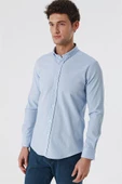Koyu Mavi Uzun Kollu Gofreli Cepsiz Pamuklu Likralı Klasik Slim Fit Dar Kesim Gömlek 1004230178 thumbnail 3
