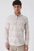Camel Uzun Kollu ÇizgiliCepsiz %100 Pamuk Klasik Slim Fit Dar Kesim Gömlek 1004230164 - 1