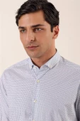 Koyu Lacivert Uzun Kollu Baskılı Cepsiz Pamuklu Likralı Klasik Slim Fit Dar Kesim Gömlek 1004230115 thumbnail 4