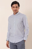 Koyu Lacivert Uzun Kollu Baskılı Cepsiz Pamuklu Likralı Klasik Slim Fit Dar Kesim Gömlek 1004230115 thumbnail 3