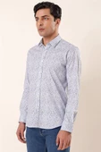 Koyu Mavi Uzun Kollu Baskılı Sert Yaka Cepsiz Pamuklu Likralı Casual Slim Fit Gömlek 1004230135 thumbnail 1
