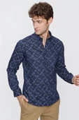 Lacivert Uzun Kol Baskılı Düğmeli Yaka  Slim Fit Dar Kesim Klasik Gömlek 1004220289 thumbnail 6