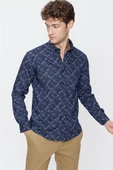 Lacivert Uzun Kol Baskılı Düğmeli Yaka  Slim Fit Dar Kesim Klasik Gömlek 1004220289 thumbnail 2