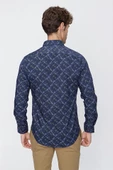 Lacivert Uzun Kol Baskılı Düğmeli Yaka  Slim Fit Dar Kesim Klasik Gömlek 1004220289 thumbnail 8