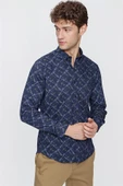 Lacivert Uzun Kol Baskılı Düğmeli Yaka  Slim Fit Dar Kesim Klasik Gömlek 1004220289 thumbnail 4