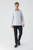 Gri Uzun Kollu Çizgili  İtalyan Yaka Cepsiz Garnili Pamuklu Klasik Slim Fit Gömlek 1004240151 thumbnail 4