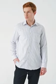Gri Uzun Kollu Çizgili  İtalyan Yaka Cepsiz Garnili Pamuklu Klasik Slim Fit Gömlek 1004240151 thumbnail 5