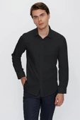 Siyah Uzun Kollu  Bez Ayağı Sert Yaka Cepsiz  Pamuklu Basic Slim Fit Dar Kesim Gömlek 1004240057 thumbnail 5