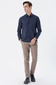 Koyu Lacivert Uzun Kollu Baskılı Cepsiz Pamuklu Klasik Slim Fit Gömlek 1004235146 - 6