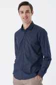 Koyu Lacivert Uzun Kollu Baskılı Cepsiz Pamuklu Klasik Slim Fit Gömlek 1004235146 - 1