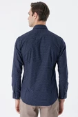 Koyu Lacivert Uzun Kollu Baskılı Cepsiz Pamuklu Klasik Slim Fit Gömlek 1004235146 - 2