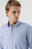 Koyu Mavi Uzun Kollu Desenli Armürlü Düğmeli Yaka Cepsiz  Pamuklu Klasik Slim Fit Gömlek 1004235148 - 5