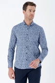Koyu Lacivert Uzun Kollu Baskılı Bez Ayağı Cepsiz Pamuklu Likralı Klasik Slim Fit Gömlek 1004235208 thumbnail 1