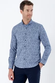Koyu Lacivert Uzun Kollu Baskılı Bez Ayağı Cepsiz Pamuklu Likralı Klasik Slim Fit Gömlek 1004235208 thumbnail 3