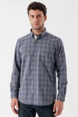 Gri Uzun Kollu Ekoseli Düğmeli Yaka Cepli Garnili Pamuklu Klasik Comfort Fit Gömlek 1004235144 thumbnail 2