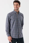 Gri Uzun Kollu Ekoseli Düğmeli Yaka Cepli Garnili Pamuklu Klasik Comfort Fit Gömlek 1004235144 thumbnail 4