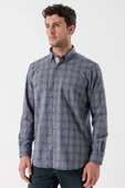 Gri Uzun Kollu Ekoseli Düğmeli Yaka Cepli Garnili Pamuklu Klasik Comfort Fit Gömlek 1004235144 thumbnail 1