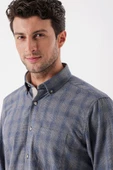 Gri Uzun Kollu Ekoseli Düğmeli Yaka Cepli Garnili Pamuklu Klasik Comfort Fit Gömlek 1004235144 thumbnail 5