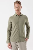 Koyu Haki Uzun Kollu Çizgili Örme Cepsiz Casual Slim Fit Dar Kesim Gömlek 1004235114 thumbnail 4