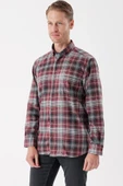 Bordo Uzun Kollu Ekoseli Gabardin Sert Yaka Cepli Garnili Casual Comfort Fit Gömlek 1004235112 thumbnail 4