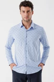 Koyu Mavi Uzun Kollu Baskılı Bez Ayağı Sert Yaka Cepsiz Garnili Klasik Slim Fit Gömlek 1004235106 thumbnail 1